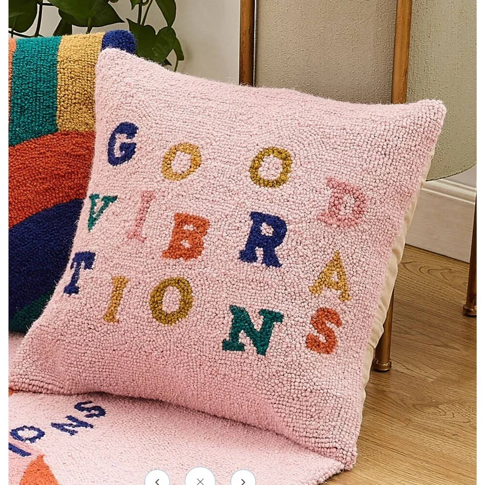 Pink Hooked Wool Pillow Cover Good Vibrations 18